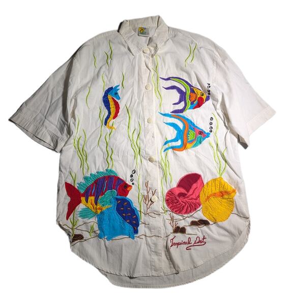 Vtg 1990s Tropical Art White Cotton Colorful Fish Embroidered Button Up Shirt M - Picture 1 of 6